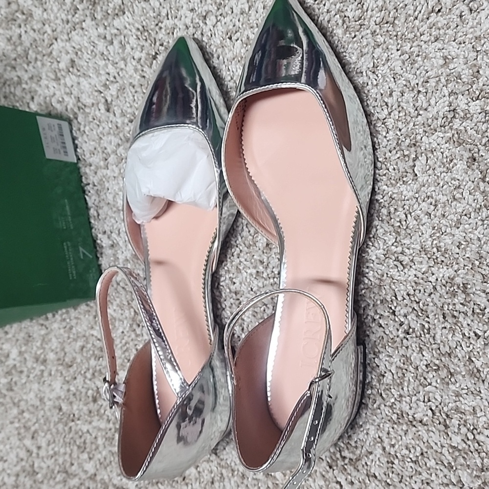 NwT J. Crew Silver Mirror Ankle Strap Flats - Picture 3 of 5